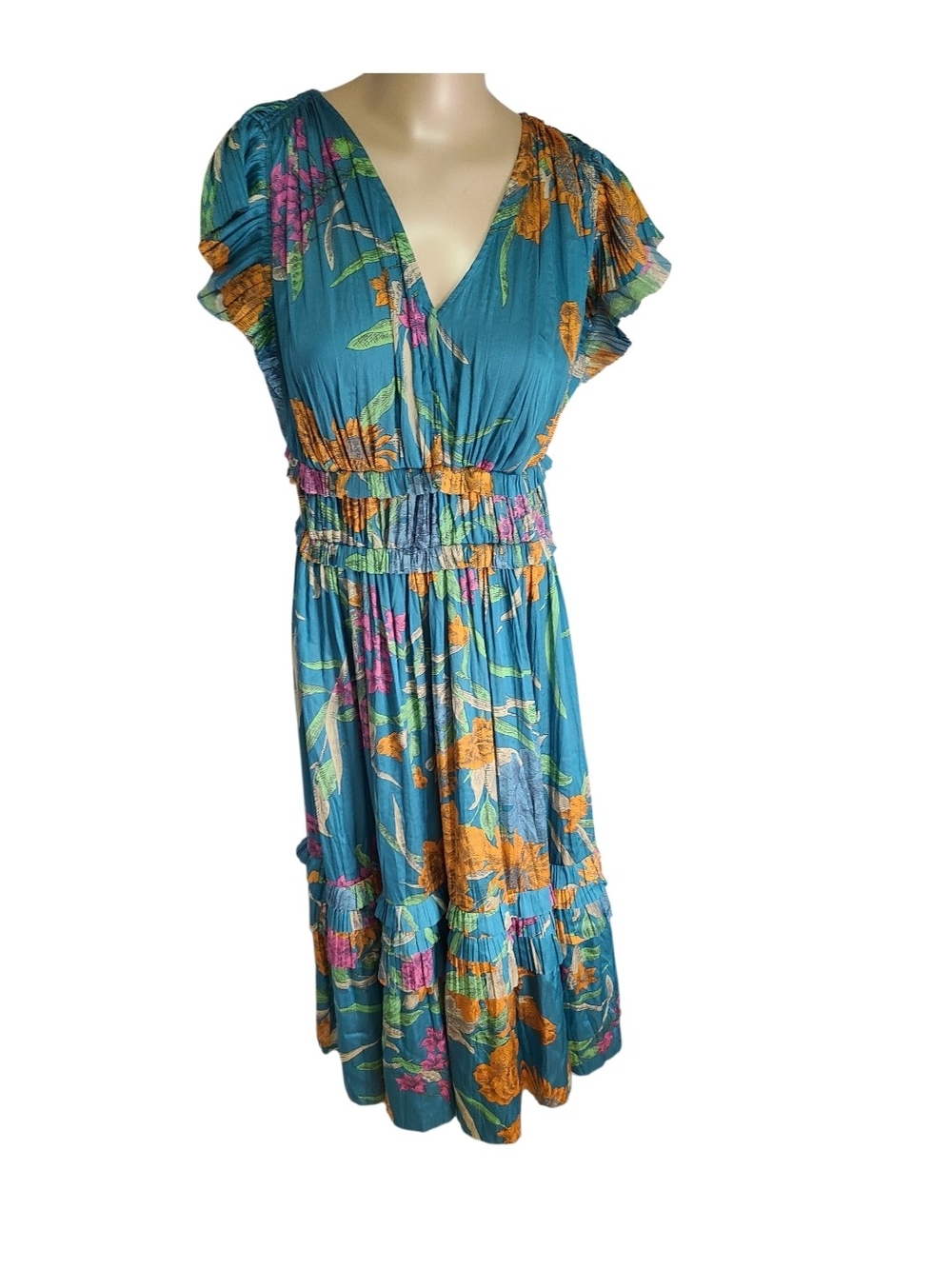 Current Air LA Floral Midi Dress Blue Orange Plated Flutter Sleeve Size S